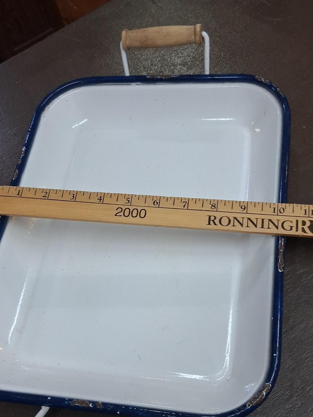 white enamel tray with distressed blue trim, wood handles - NEW - Picture 5 of 5